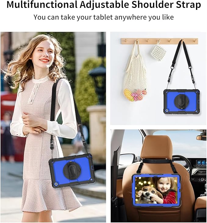 DUNNO Samsung Galaxy Tab A9+ Plus 11 Inch 2023 Case Shockproof with Screen Protector 360 Rotating Stand Hand &amp Shoulder Strap (Black/Blue)