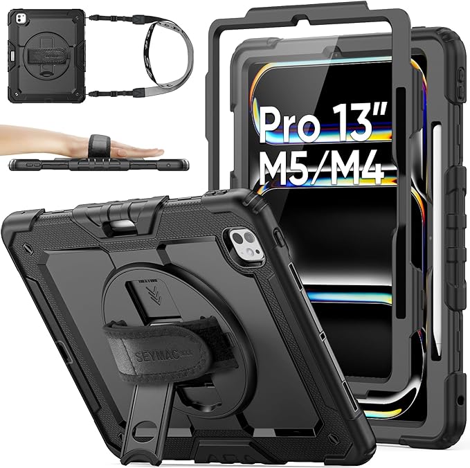 SEYMAC stock Case for iPad Pro 13-inch M5-M4 2025-2024 Shockproof Heavy Duty Case with Screen Protector Pencil Holder Rotating Stand Hand Strap Shoulder Strap Black