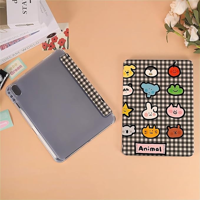 Cute Animals On Black Stripes Case Compatible with IPad 9th 8th 7th Generation 10.9 Inch 2021-2018Funny Cover with Trifold Stand+Pencil Holder for Boys GirlsiPad 10.9in 2022