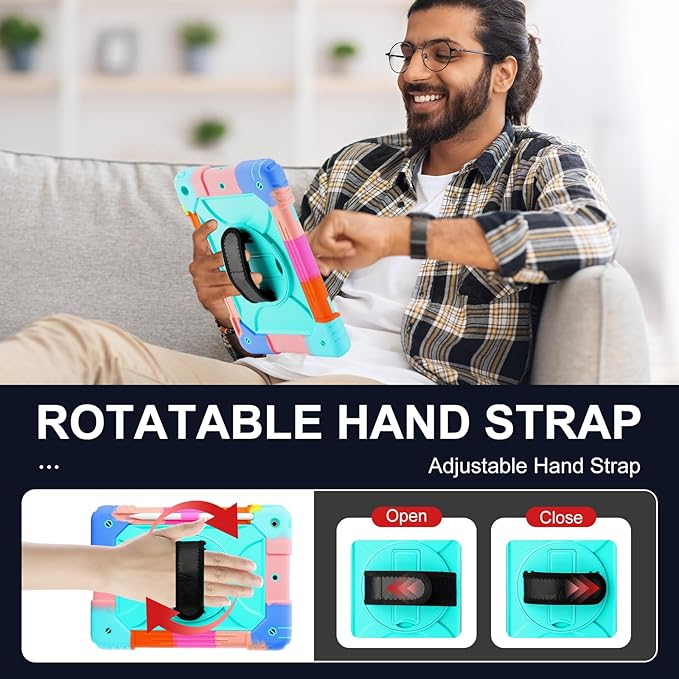 for iPad 9th/8th/7th Generation CaseiPad 10.2 Case 2021/2020/2019 with Cute Key Chain Rugged Protective Case with 360°Rotating Stand &amp Shoulder Hand Strap &amp Pen Slot for 10.2 Inch (Rainbow
