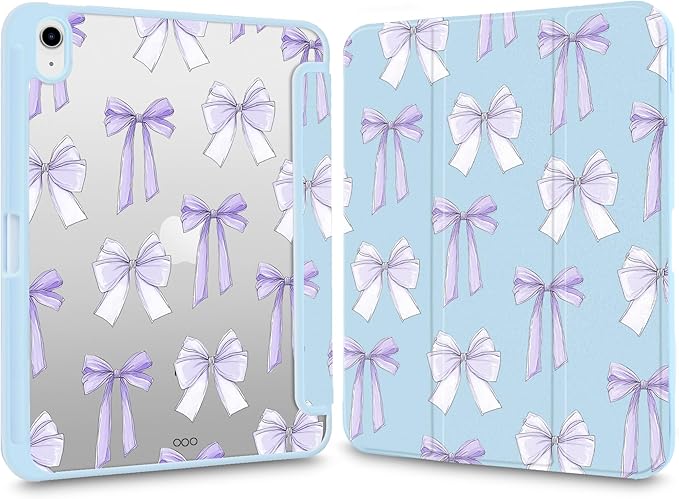 Cute Case for iPad Pro 11(M4) 2024 5th Gen Preppy Lavender Bowknot Clear Hard Back Hybrid Casewith Pencil Holder Trifold Stand Slim Tablet Cover for Girls Women
