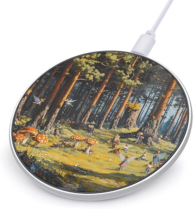 Fairies Hide Seek Forests Trees Mushrooms Phone Charger Magnetic Charging Pad Anti-Slip with USB Cable