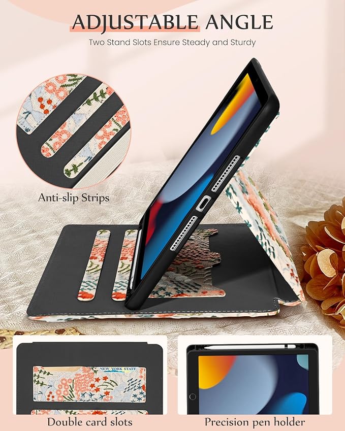 for iPad 9th/8th/7th Generation Case 10.2'' - for Women Girls Cute Embroidered Folio Stand Cover with Pencil Holder &amp Card Slot Girly Floral Flowers Design Aesthetic Cases for iPad 7th/8th/9th