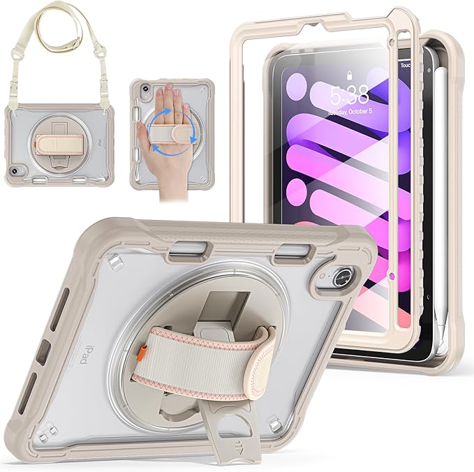 BRAECNstock Case for iPad mini 7 (A17 pro) 2024 &amp Mini 6 2021 8.3-inchShockproof Protective Cover with Pencil HolderScreen Protector360° Rotating Hand Strap/Stand-Khaki