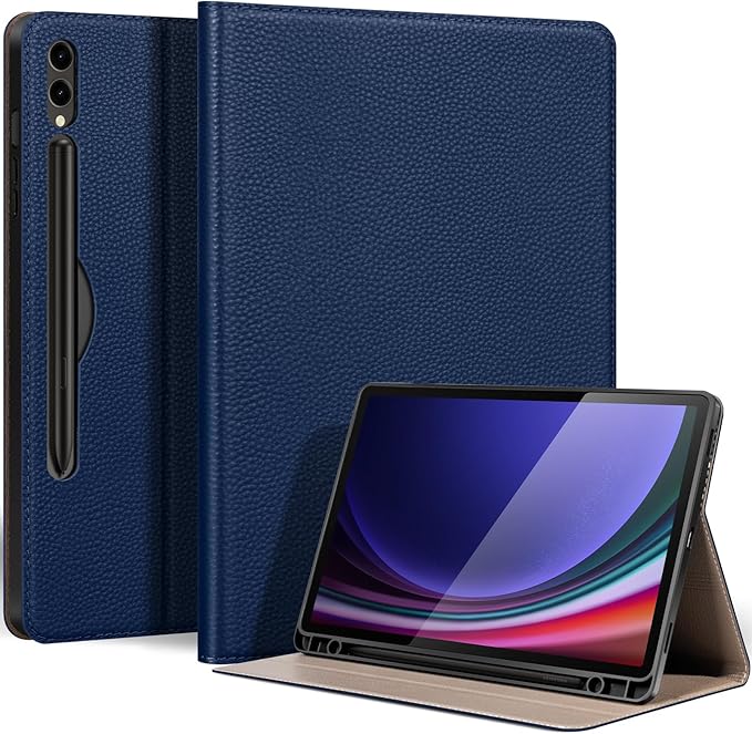 Genuine Leather Case for Samsung Galaxy Tab S10 Plus/S9 Plus/S9 FE+ 12.4 Inch with Pencil Holder | Slim Protective Cover with Adjustable Stand Auto Wake/Sleep Premium Leather | Blue