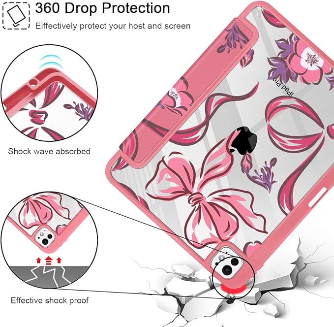 Mektron Case for M5/ M4 iPad Pro 11 inch 2025/2024 with Pencil Holder Compatible Models: A3357/A3358/A3359/A2836/A2837/A3006 Shockproof Cover Clear Shell Flowers-Bows-Red