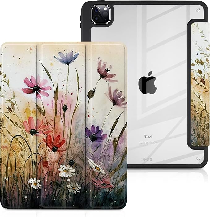 Batianda Case for New iPad Pro 11 inch 2025 M5 2024 M4 Chip [Built-in Pencil Holder] Trifold Stand Shockproof Cover with Clear Transparent Back Shell Soft TPU BumperAuto Sleep/Wake Daisy