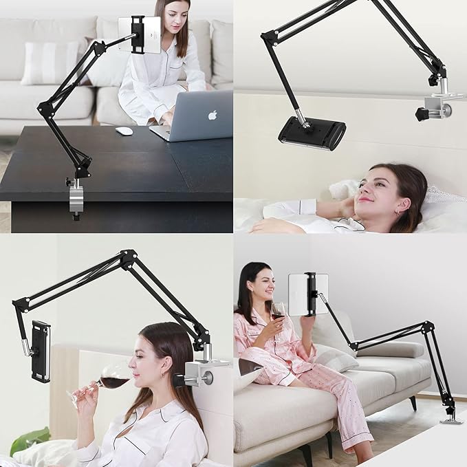 Heavy Duty Phone/Tablet Metal Holder Universal Mobile Cell Smartphone Mount Lazy Bracket 360° Rotation Gooseneck Clamp Stand Flexible Long Arm (White 3-Section)