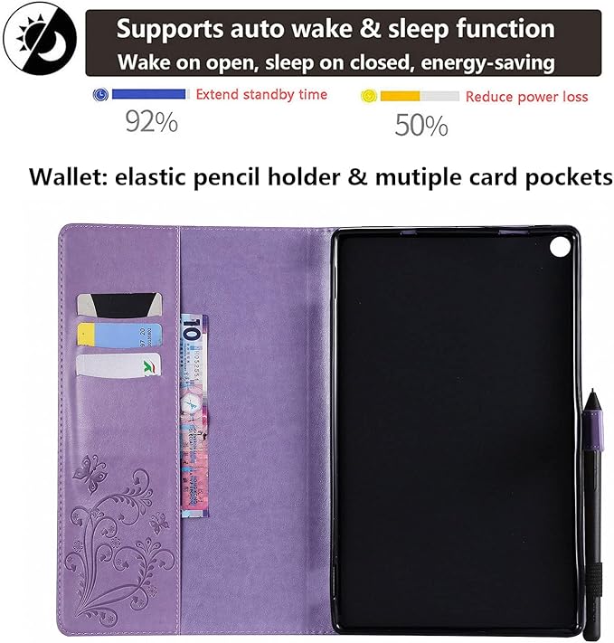Kindle Fire HD 10 Tablet 2019/2017 Case 9th/7th Generation 10.1 with Pencil Holder Pockets [Auto Sleep/Wake] Folio Stand Embossed PU Leather Magnetic Smart Wallet TPU CoverPurple Butterfly