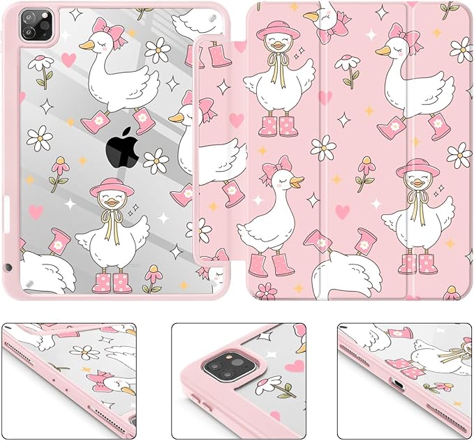 May Chen for iPad Pro 11 inch M2 4th Generation 2022 iPad Pro 11 3rd/2nd/1st Gen Built-in Pencil Holder with Shockproof Cover Clear Transparent Back Shell Auto Wake/Sleep Cute Goose Spring