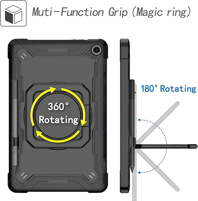 Case for Amazon Fire Max 11 inch Tablet (13th Generation 2023 Release) Hybrid Shockproof 360 Rotating Multi-Functional Ring Stand Case with Shoulder Straps (Black/Black)