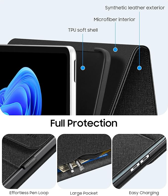 FINTIE Protective Case for Microsoft Surface Pro 12 Inch (2025) Multi-Angle Viewing Portfolio Business TPU Back Cover with Pocket &amp Stylus Holder Compatible with Type Cover Keyboard (Black)