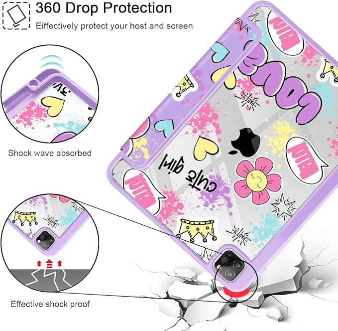 May Chen for iPad Pro 11 inch M2 4th Generation 2022 iPad Pro 11 3rd/2nd/1st Gen Built-in Pencil Holder with Shockproof Cover Clear Transparent Back Shell Auto Wake/Sleep Cute Girl Pattern