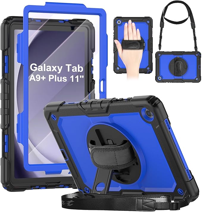 DUNNO Samsung Galaxy Tab A9+ Plus 11 Inch 2023 Case Shockproof with Screen Protector 360 Rotating Stand Hand &amp Shoulder Strap (Black/Blue)