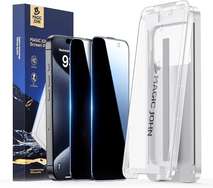 MAGIC JOHN 3rd Gen Upgraded for iPhone 15ProMax Privacy Screen Protector 6.7 Inch25°Anti-Spy ScreenShockproof Tempered GlassAuto Dust-RemovalBubble FreeEasy Installation2 Pack