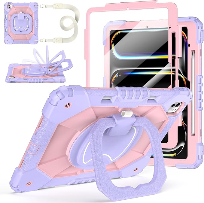 Case for iPad Pro 13 Inch M5 2025 / M4 2024 Auorld for iPad Pro 13 Inch M5 2025 with Screen Protector 360 Degree Rotating Stand Shoulder Strap Pencil Holder Purple Pink