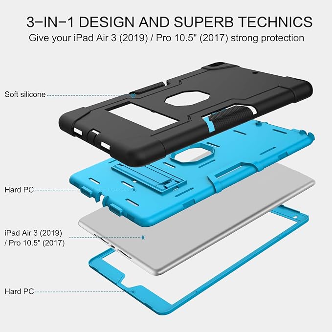 BENTOBEN for iPad Air 3 10.5 2019 Case iPad Pro 10.5 2017 Case 3 Layers Heavy Duty Rugged Shockproof Kickstand Protective Tablet Case Cover for iPad Air 3rd Gen/iPad Pro 10.5 Inch Blue/Black