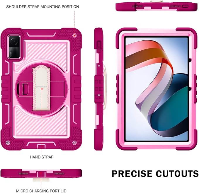 Tablet Case for Xiaomi Redmi Pad 10.61 inches 22081283G Tablet Shockproof Cover with 360° Rotating Stand and Wrist Strap Shoulder Strap Red Rose+Pink