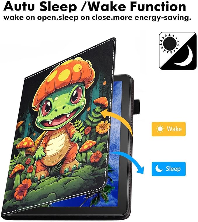 Case for Amazon Kindle Fire 7 Tablet (7 9th/7th Generation 2019/2017 Release) Slim PU Leather Cover with Card Slot &amp Auto Wake/Sleep Cute Little Dinosaur and Mushroom