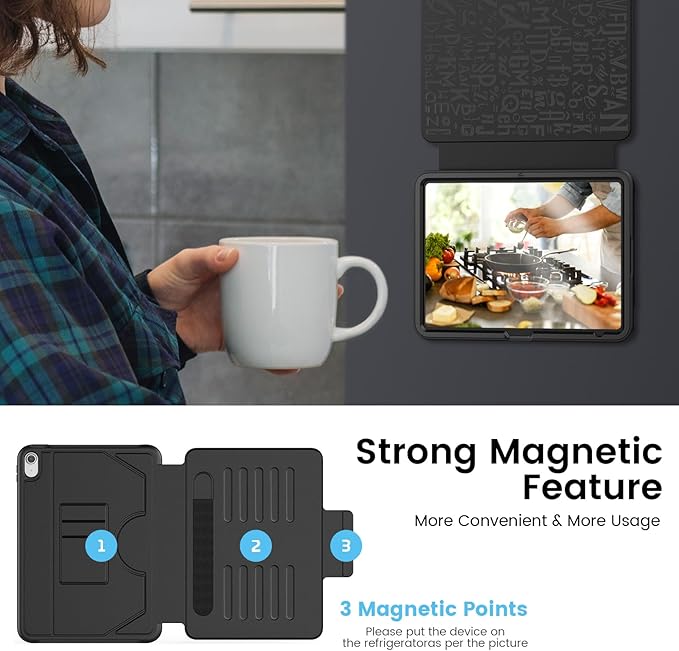 Case for iPad (A16) 11th/10th Generation 11''/10.9'' 2025/2022: Shockproof Protective Cover with Auto Wake/Sleep Strong Magnetic Multi-Angles Stand Pencil Holder Card Slot Black