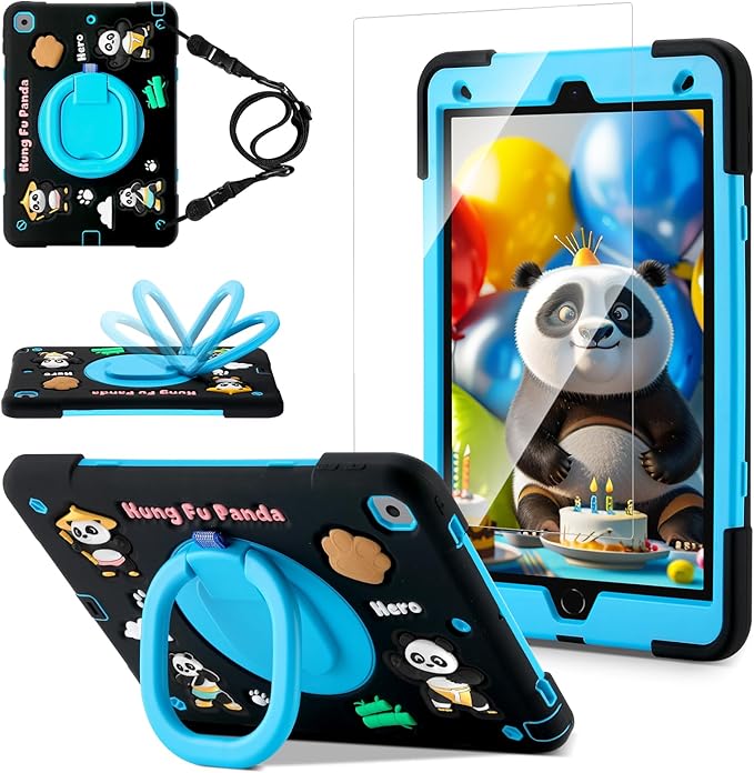 Case for iPad 9th/8th/7th GenerationCute 3D Cool Panda Warrior Design Cover with Screen Protector Rugged Protective Cartoon Case with Stand/Strap/Pen Slot for iPad 10.2 Kids Teens (Black+Blue)