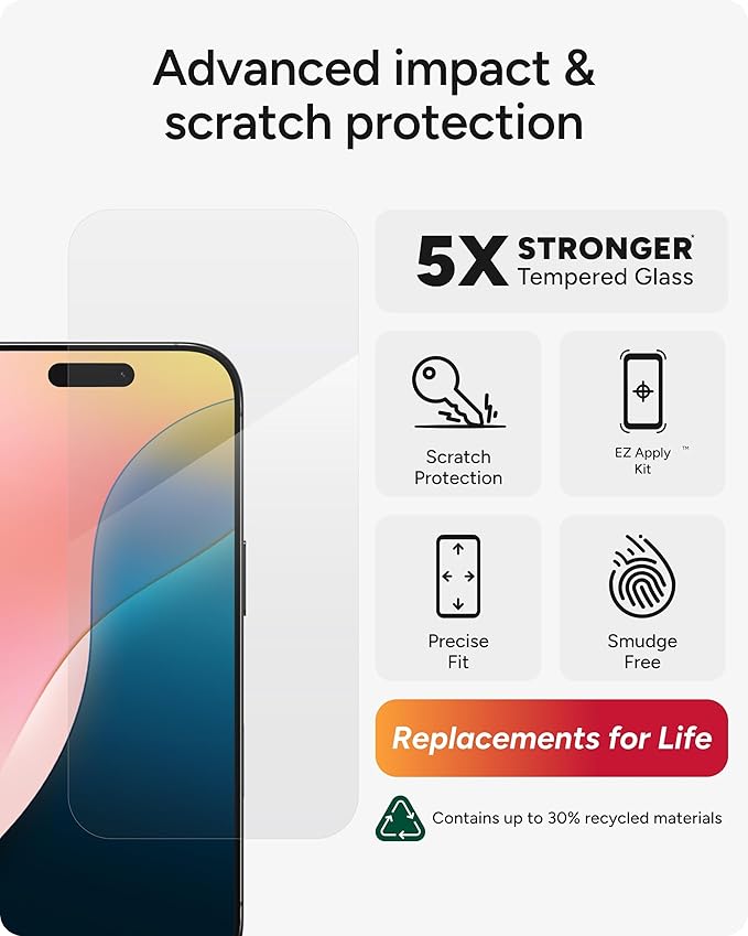 ZAGG Glass Elite Screen Protector for iPhone 16 Pro - 5X Stronger Reinforced Edges Ultra-Strong Tempered Glass Scratch Resistant Anti-Smudge Easy Installation InvisibleShield Eco-Friendly