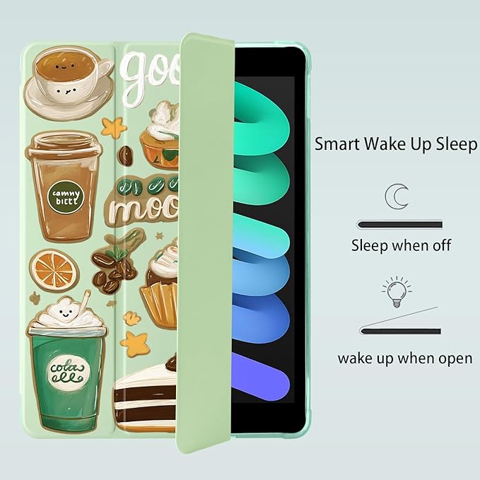 Cute Kawaii Coffee Cake for iPad Pro 13 Inch Case (M5/M4) 2025/2024 with Pencil Holder Auto Sleep/Wake Green Leather Soft TPU Back Cover