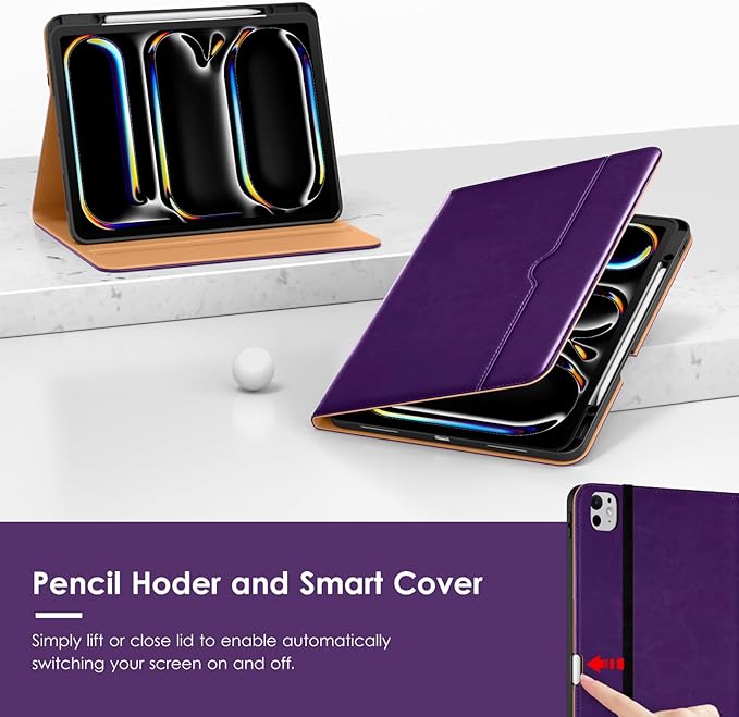 VIKESI Case for iPad Pro 13-inch M5 or M4 Released in 2025 or 2024 Leather Stand Cover with Apple Pencil Holder Auto Wake/Sleep Multiple Viewing Angles Built in Hand Strap &amp PocketDark Purple