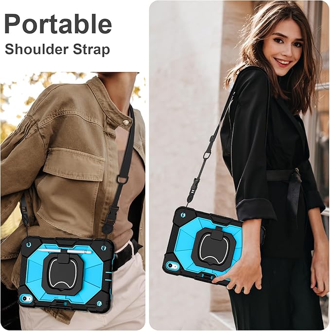 Case for iPad (A16) 11th Generation 11 Inch (2025) / iPad 10th Generation Case 10.9 Inch (2022) with 360° Rotating Stand Screen Protector Pen Holder Shoulder Strap Black Blue