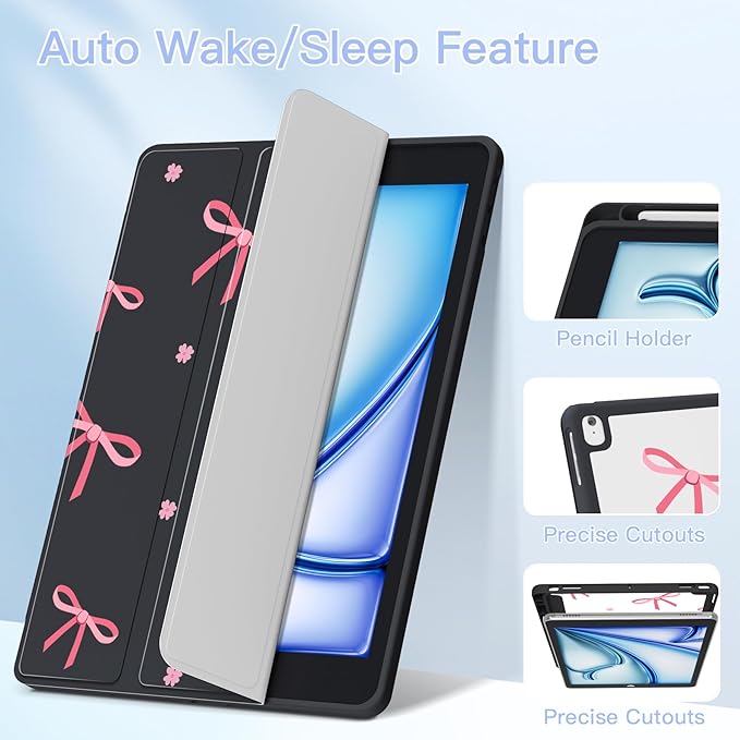 Teryeefi for iPad 10.2 case 2021 20202019 Release 7th 8th 9th Generation Built in Pencil Holder - Stand-Auto Wake/Sleep TPU &amp Hard Stand Clear Back Cover for 10.2 iPad (Black Bow)