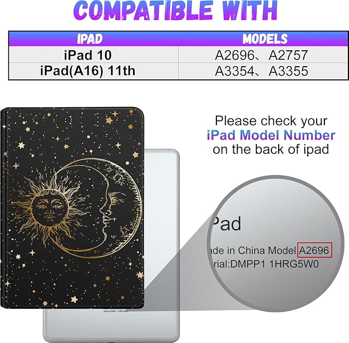 for iPad 10th Generation Case 10.9 Inch for iPad 11th(A16) 2025 Girls Cute Boys Women Folio Cover Pencil Holder Sun and Moon Aesthetic Cool Design Kawaii Teens Tablet Cases for Apple 10/11