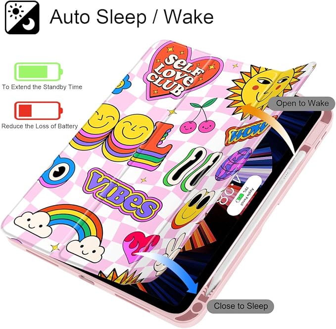May Chen Case for iPad Air 13 Inch M4 2026 M3 2025 M2 2024 [Built-in Pencil Holder] Shockproof Cover with Clear Transparent Back Shell Auto Sleep/Wake Cover Groovy