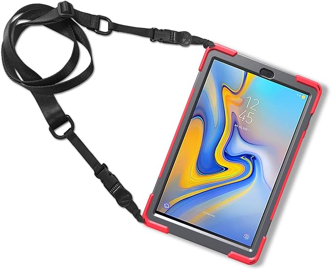 Rugged Case for Samsung Galaxy Tab A 10.5 2018 (SM-T590/T595/T597) Portable Hybrid Shock-Proof Cover with 360° Rotatable Hook&ampLoop HandleShoulder Strap (Red)