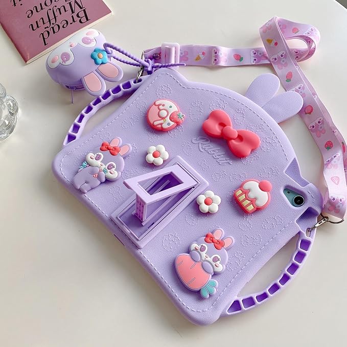 for Samsung Galaxy Tab A9 Plus 11 inch Case for Kids Girls with Adjustable Shoulder Straps Handle Wallet Rabbit Soft Silicone Tablet Cover for Tab A9+ 11'' 5g 2023 (Purple)