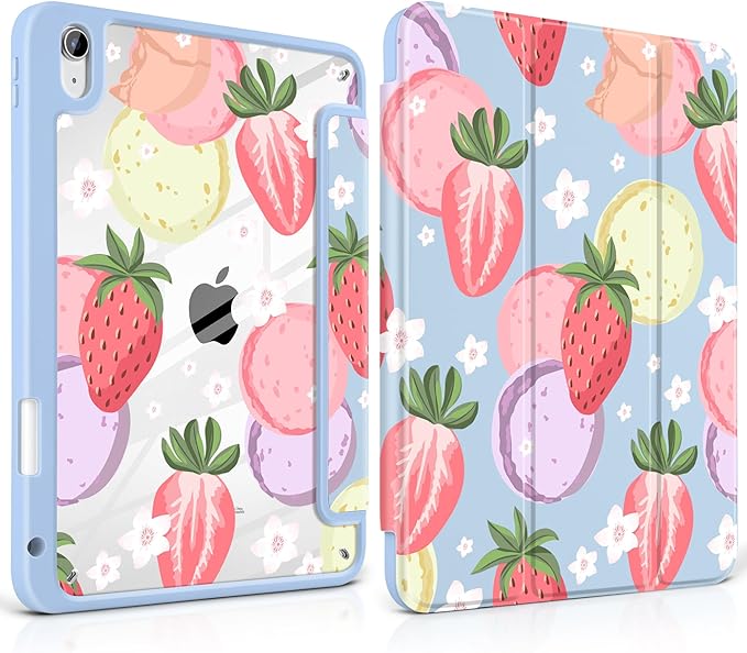 Case for iPad A16 11th Generation 11 inch 2025 iPad 10th Generation 10.9 inch 2022 -[Built-in Pencil Holder] Shockproof Clear Hard Back Trifold Stand Auto Wake/Sleep Strawberry