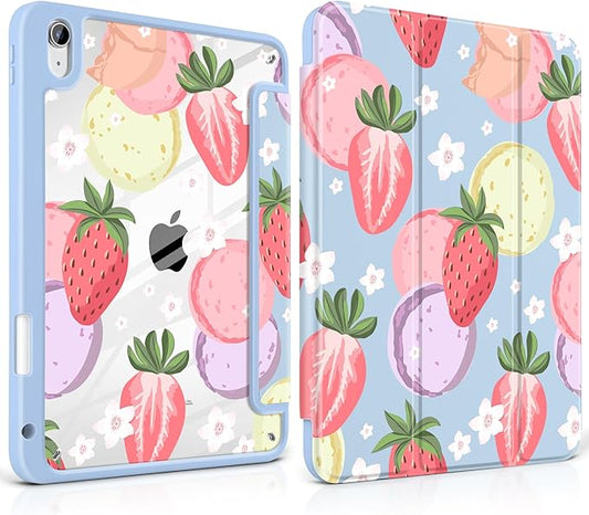 Case for iPad A16 11th Generation 11 inch 2025 iPad 10th Generation 10.9 inch 2022 -[Built-in Pencil Holder] Shockproof Clear Hard Back Trifold Stand Auto Wake/Sleep Strawberry