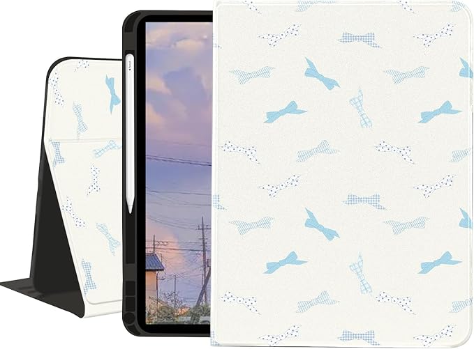Preppy Blue Bow Tie Case Compatible with iPad Mini6Textured Folio Case with Pencil Holder Multi-Angle View Adjustable Stand Auto Wake/Sleep(Model Number:A2567/A2568/A2569) for Girls Boys