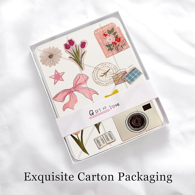 Cute Stamp Flower Bow for iPad (A16) 11th/10th Generation Case 11 Inch/10.9 Inch 2025/2022 with Pencil Holder Auto Sleep/Wake White Leather Acrylic Back Detachable Cover