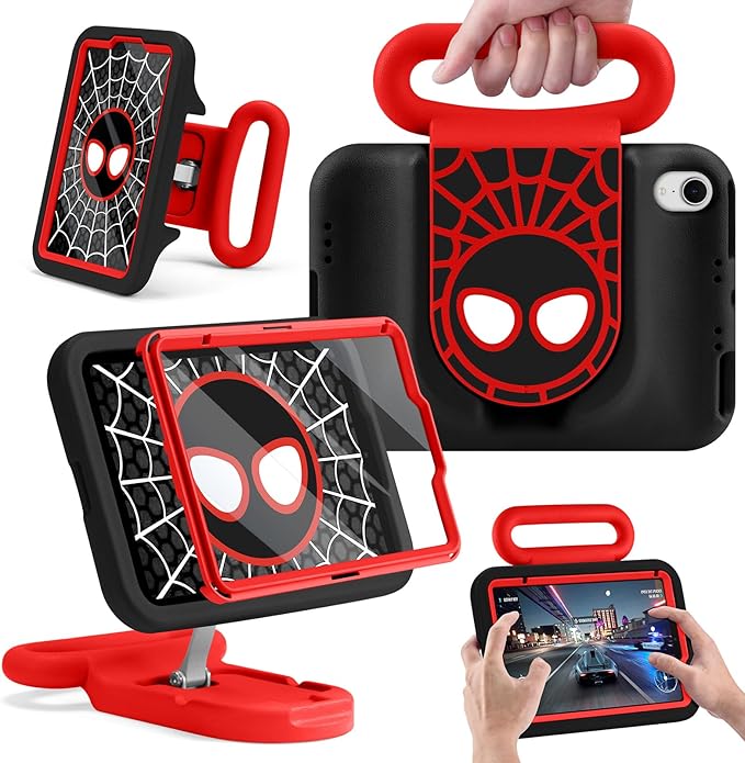 Kids Case for iPad mini 7 (A17 Pro) 2024 / iPad mini 6 2021 Child Friendly Case with Adjustable Portrait/Landscape StandHeavy Duty Cover with Screen Protector for iPad mini 7/6 8.3 inch (BlackRed)