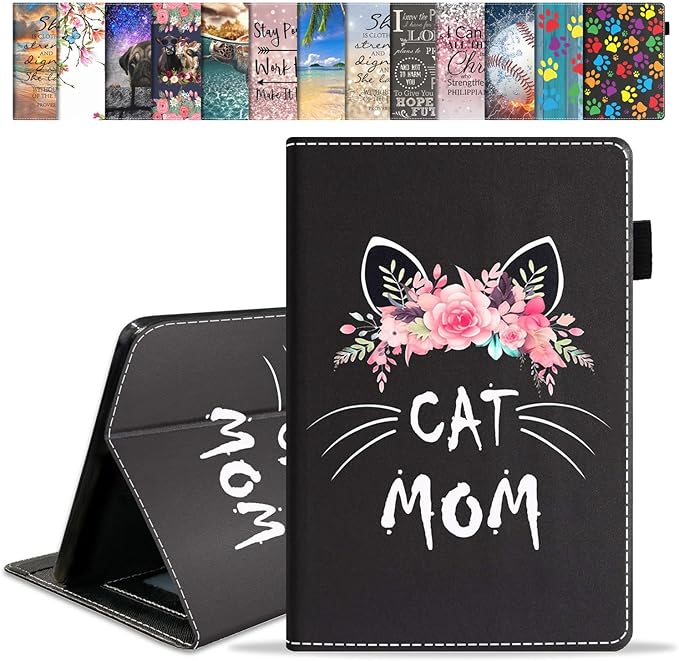 Case for Amazon Kindle Fire HD 10 &amp 10 Plus Tablet 10.1 (13th/11th Generation 2023/2021 Release) - Premium PU Leather Cover with Auto Sleep Wake Floral Cat Mom