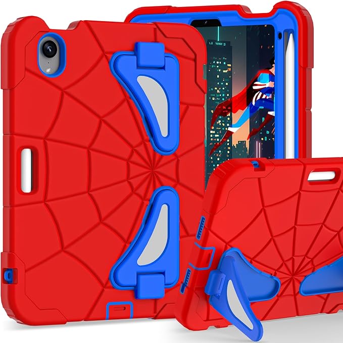 Kids Case for iPad mini 7 A17 Pro 2024/ Mini 6 8.3 inch Spider Case for iPad mini 7th 6th Generation Shockproof Durable Full Protective Cover with Pencil Holder Kickstand (Red+Blue)