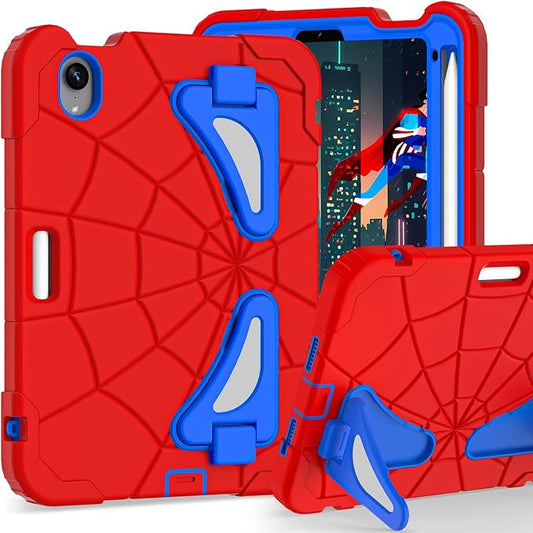 Kids Case for iPad mini 7 A17 Pro 2024/ Mini 6 8.3 inch Spider Case for iPad mini 7th 6th Generation Shockproof Durable Full Protective Cover with Pencil Holder Kickstand (Red+Blue)