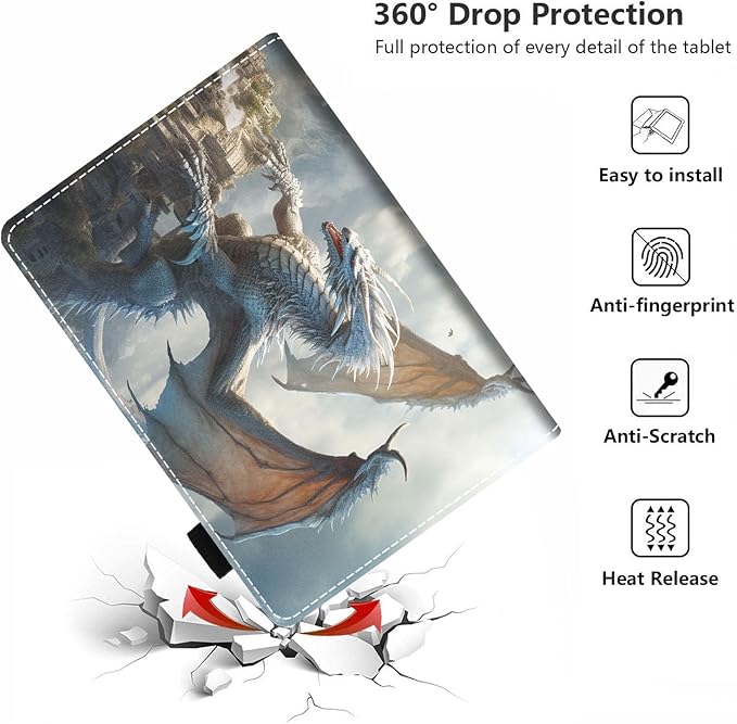 Case for All-New Amazon Kindle Fire HD 10 &amp 10 Plus Tablet 10.1 (13th/11th Generation 2023/2021 Release) - PU Leather Folio Case with Smart Auto Wake/Sleep White Dragon