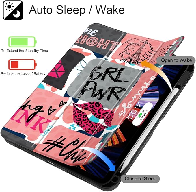 Case for iPad (A16) 11th Gen 11 Inch 2025 iPad 10th Gen 10.9 inch 2022 with Pencil Holder Slim Printed Stand Protective Cover with Hard PC Translucent Back Shell Cover Girly Graffiti
