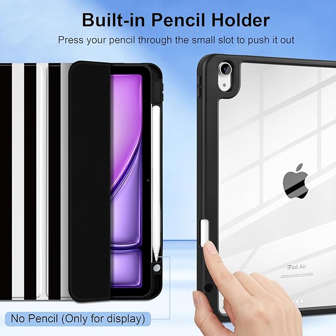 DONGKE Case for iPad Air 11-inch M4 2026 &amp M3 2025 &amp M2 2024 iPad Air 5th/4th Generation 10.9 2022/2020 [Built-in Pencil Holder] Clear Acrylic Back Trifold Stand Smart Cover Black Stripes