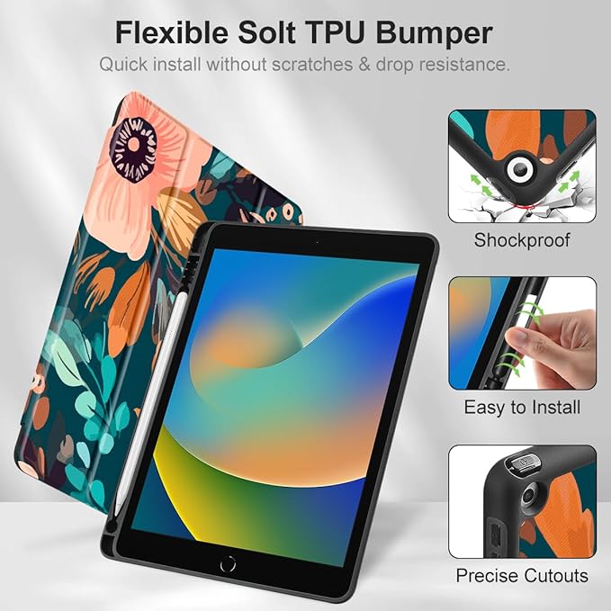 Mektron Designed Printed iPad 10.2 Case 9th Gen (2021)/ 8th Gen (2020)/ 7th Gen (2019) with Pencil Holder Slim Stand Protective Case with Soft TPU Back for iPad 10.2 Inch Abstract Florals