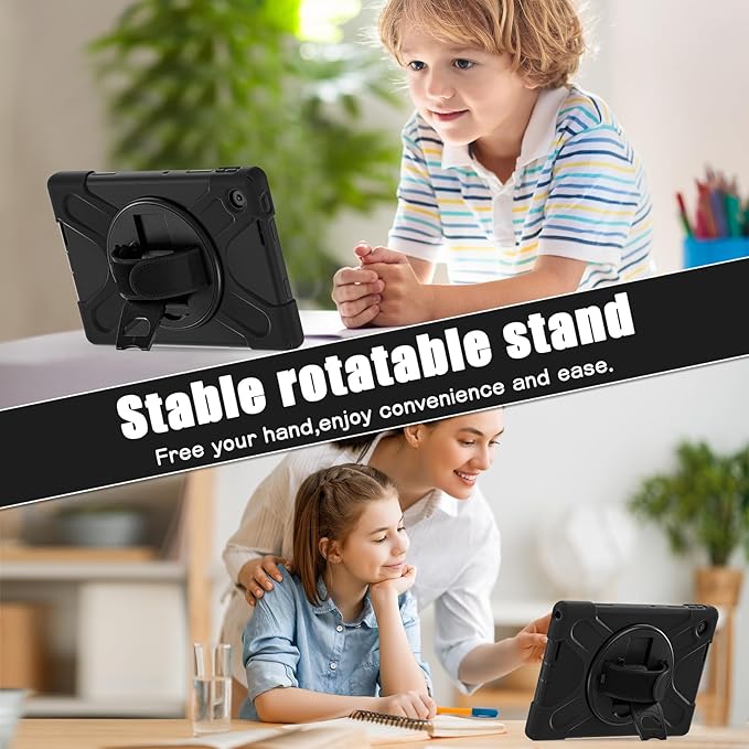 Tablet Case Compatible with Lenovo Tab 10.1(TB-311XU) /K10C TB311FU 2025 Case Protective Heavy Duty Rugged Shockproof Drop Protection Cover Shoulder Strap for Kids Silicone Cover(Black)