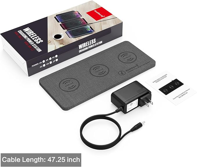 ZealSound Triple Wireless ChargerCharging PadUltra Slim Fast 3x10W Charger Station for Multiple 3 Devices New Airpods Samsung Earbuds Mat Dock W/AC Adapter for All Wireless Charging Phones