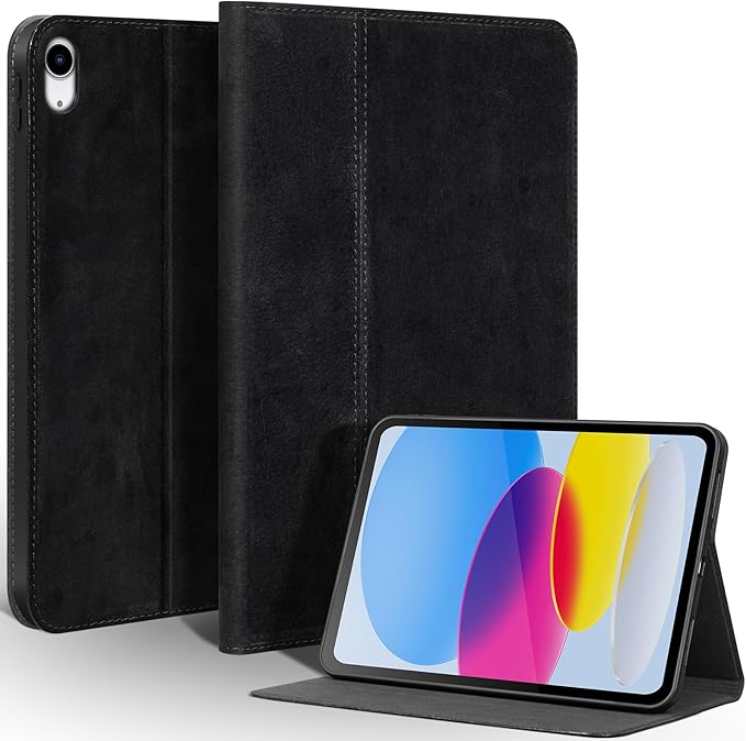 Gexmil Leather Case for iPad (A16) 11th Generation 11 Inch 2025 iPad 10th Generation 10.9 Inch 2022Protective Full Grain Leather Cover Support Auto Sleep/WakeAnti SlipSanded Black