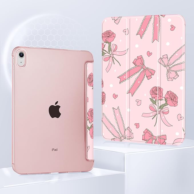 Case for iPad 11 inch A16 2025 Generation 11th / iPad 10.9 inch 10th Generation 2022 Smart Foldable Stand PC Clear Translucent Back Shell Auto Wake/Sleep Slim CoverBow &amp Rose
